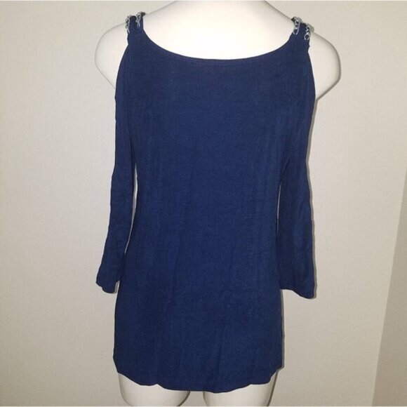 Chico's Travelers Blue Pullover Shirt Cold Shoulder Silver Chain Chico's Size 0 - Picture 5 of 11